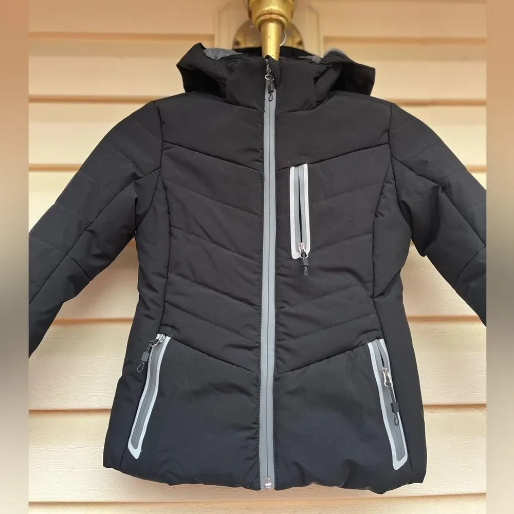 AQ Explore The Unknown Unisex black puffer coat, front & side zippers, hood,5-6